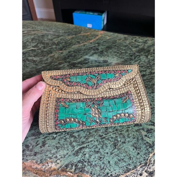 Hand Crafted Handbags - Vintage Cleopatra, like crystal stone bag, purse malachite, gold embellishments